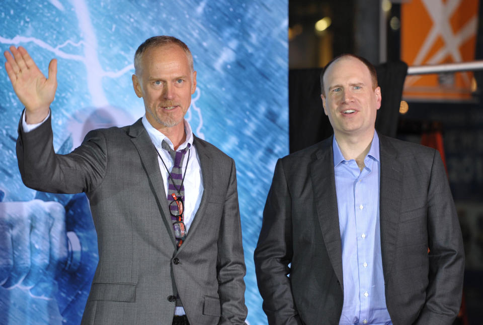 Alan Taylor, left, and Kevin Feige, president of production at Marvel Studios, arrive at the U.S. premiere of "Thor: The Dark World" at the El Capitan Theatre on Monday, Nov. 4, 2013, in Los Angeles. (Photo by John Shearer/Invision/AP)