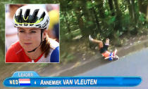 <p>Dutch cyclist Annemiek Van Vleuten was in the lead of the road race when she took a scary tumble that fractured her spine. This story has a happy spin to it, Van Vleuten has already gotten back on her bike and has started the healing process. (Getty Images/NBC) </p>