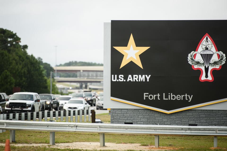 New Fort Liberty sign out in front of the All-American gate on Friday, June 2, 2023.