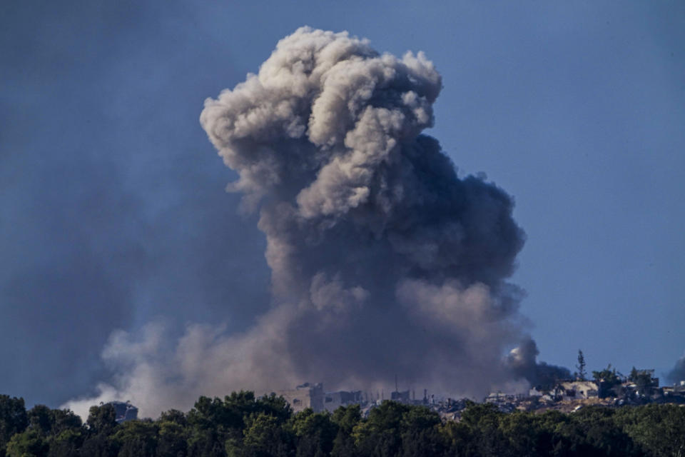 Smoke rises following an Israeli bombardment in the Gaza Strip, as seen from southern Israel, Thursday, Jan. 4, 2024. (AP Photo/Ariel Schalit)