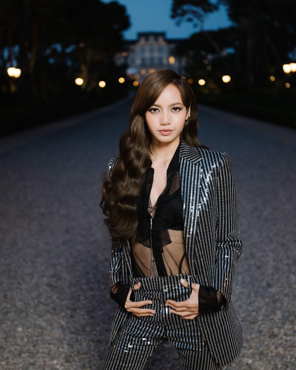 Blackpink’s Lisa Paired a Sheer Top With a Sequined Pinstripe Suit for ...