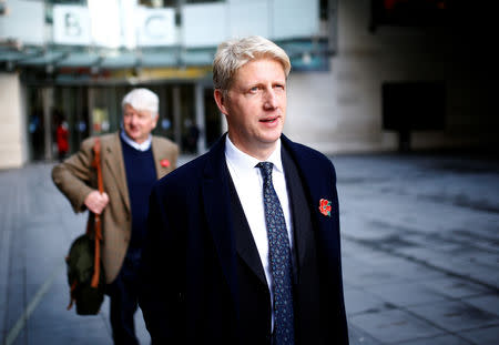 British Member of Parliament, Jo Johnson and his father Stanley Johnson, leave the BBC's Broadcasting House, in London, Britain November 10, 2018. REUTERS/Henry Nicholls