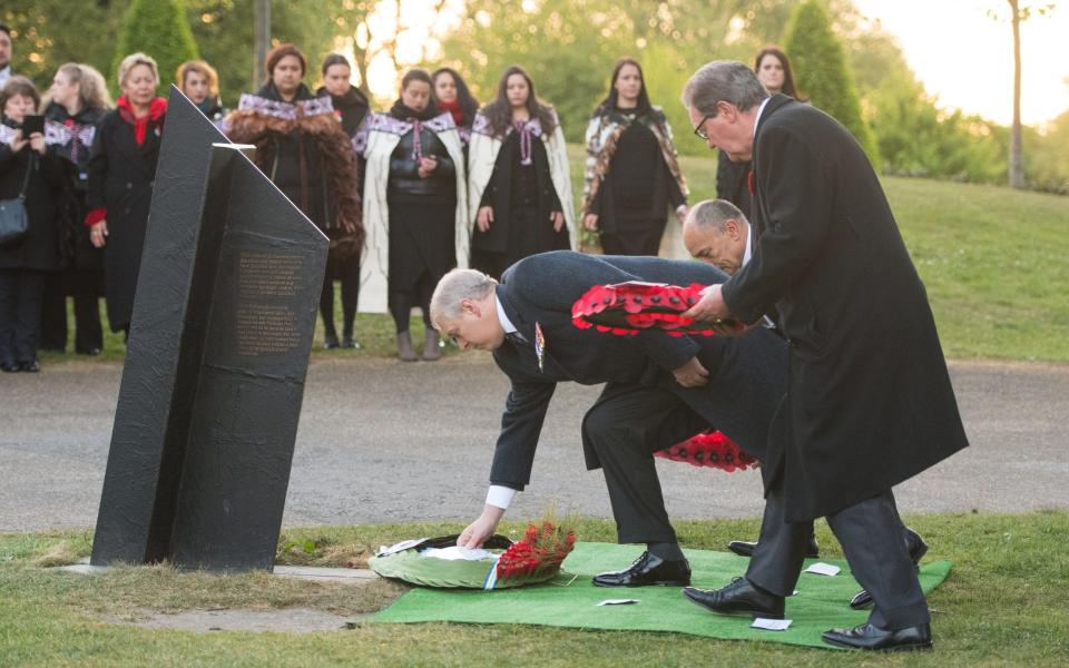 The Duke of York lays a wreath at the New Zealand War Memorial at Hyde Park Corner in London, during an Anzac Day dawn service marking the anniversary - Credit: Dominic Lipinski/PA