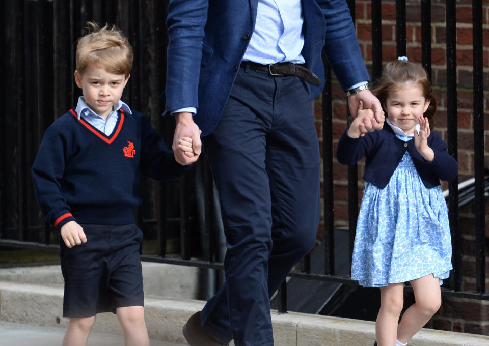 Prince George, William and Princess Charlotte arrive at St. Mary's Hospital. (Photo: Kirsty O'Connor - PA Images via Getty Images)