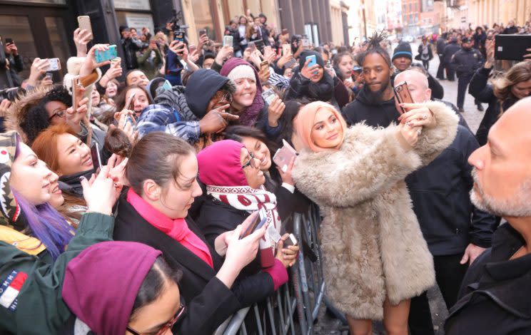 Kylie Jenner at her pop up store in lower Manhattan. (Photo: Splash)