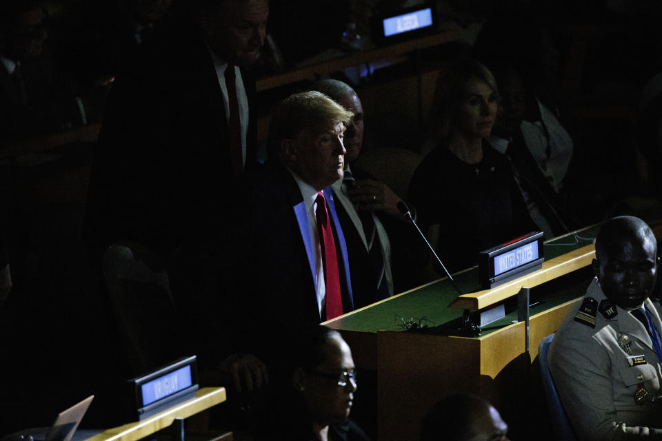 President Donald Trump listens during the the United Nations Climate Action Summit during the General Assembly, Monday, Sept. 23, 2019, in New York. (AP Photo/Evan Vucci)