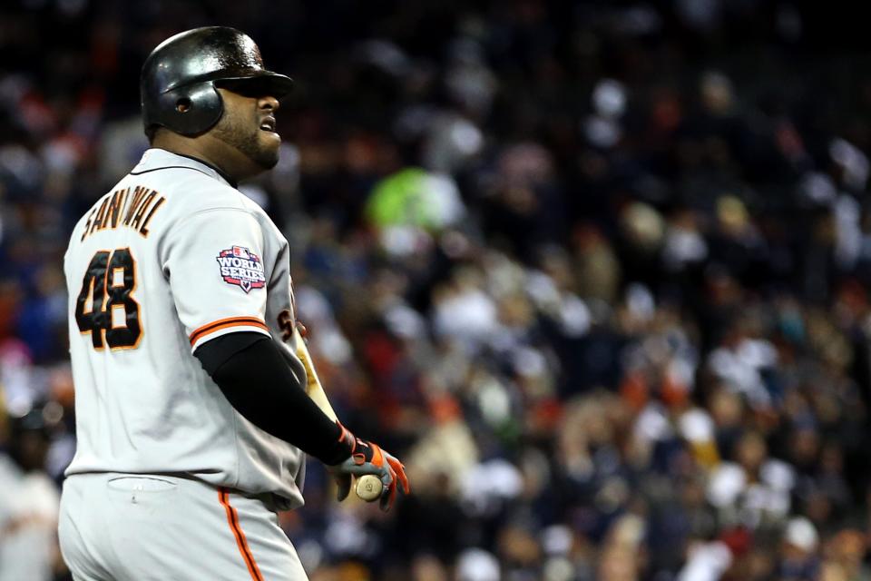 Pablo Sandoval #48 of the San Francisco Giants reacts after being struck out swinging against Max Scherzer #37 of the Detroit Tigers in the first inning during Game Four of the Major League Baseball World Series at Comerica Park on October 28, 2012 in Detroit, Michigan. (Photo by Ezra Shaw/Getty Images)