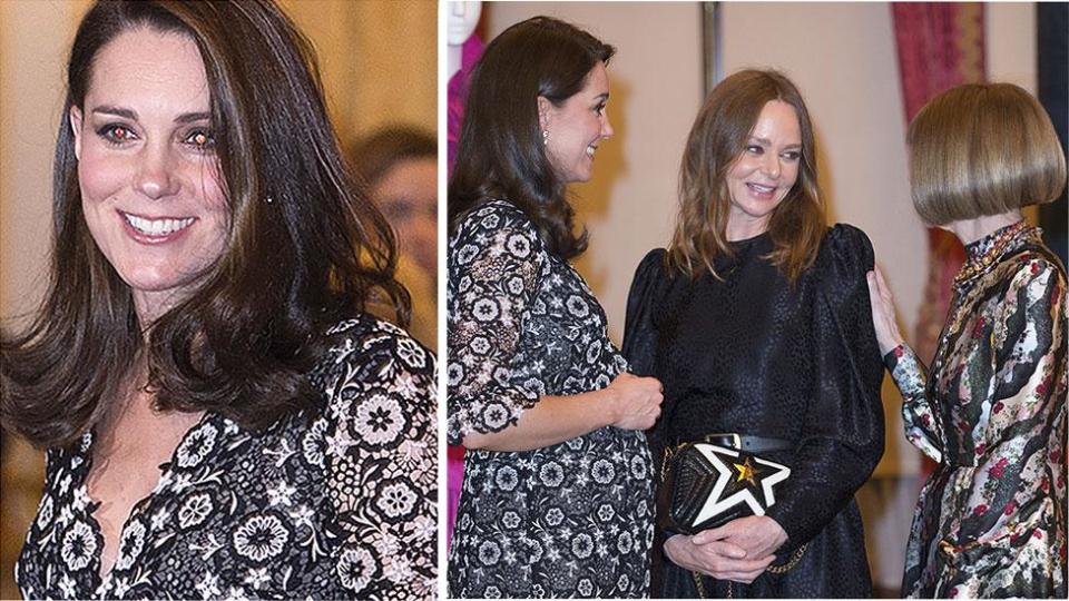 Heavily pregnant Kate glows as she greets fashion elite