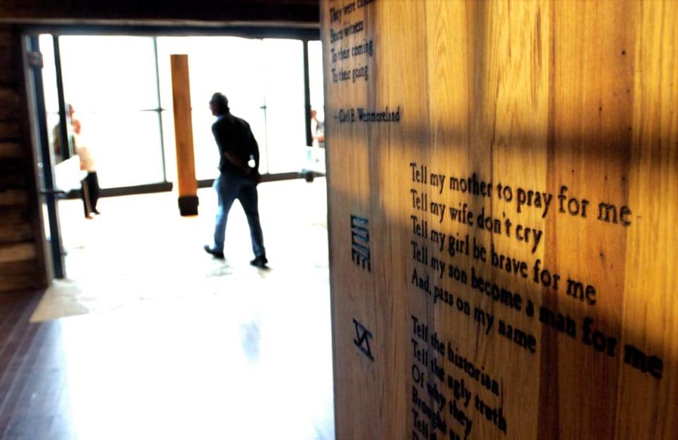 An inscription is seen on the Slave Pen at the National Underground Railroad Freedom Center on Aug. 20, 2004, in Cincinnati, Ohio. <br>(Photo by Mike Simons/Getty Images)