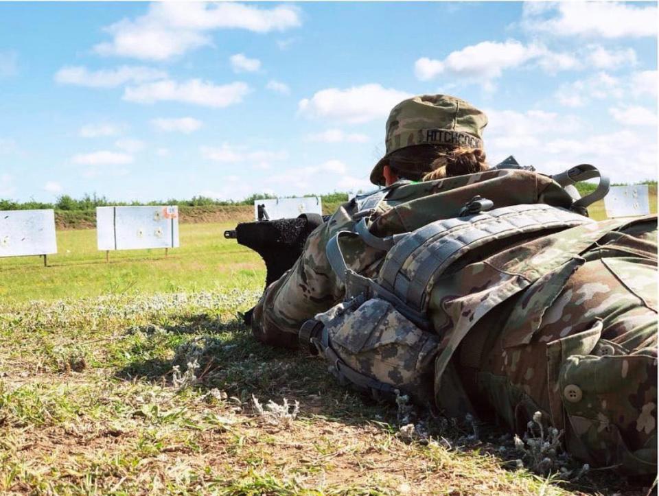 1st Lt. Gabrielle Boyer shoots at a range in Texas for a weapons qualification during a basic officer leadership course in 2018