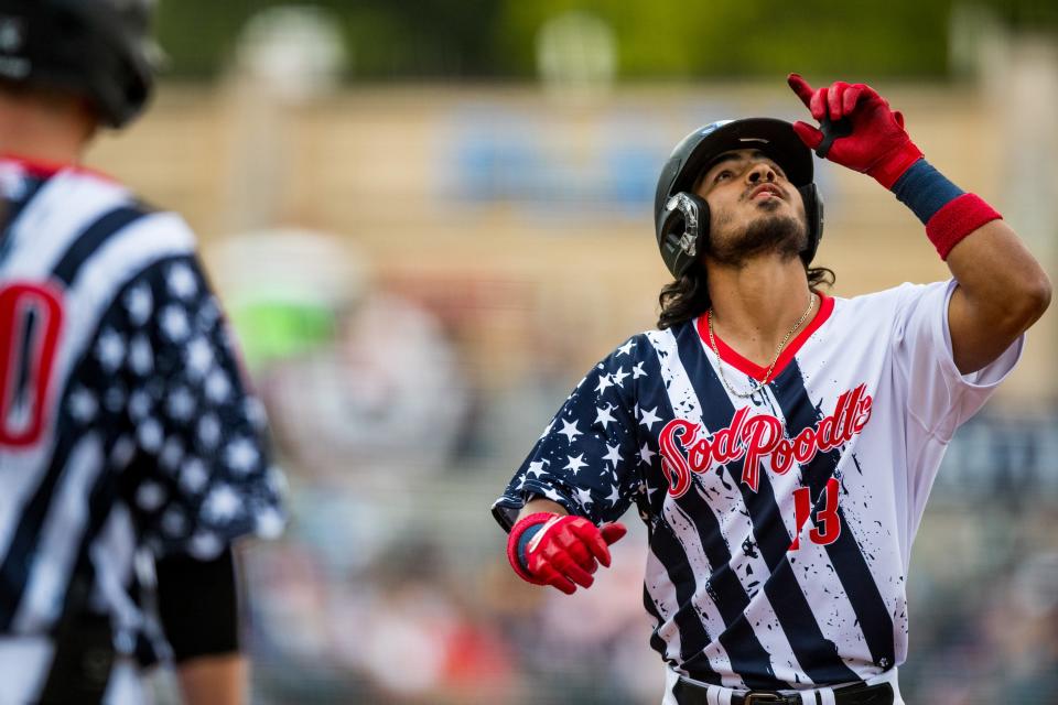 Amarillo Sod Poodles outfielder Roby Enriquez (13) against the Northwest Arkansas Naturals on Friday, July 1, 2022, at HODGETOWN in Amarillo, Texas.