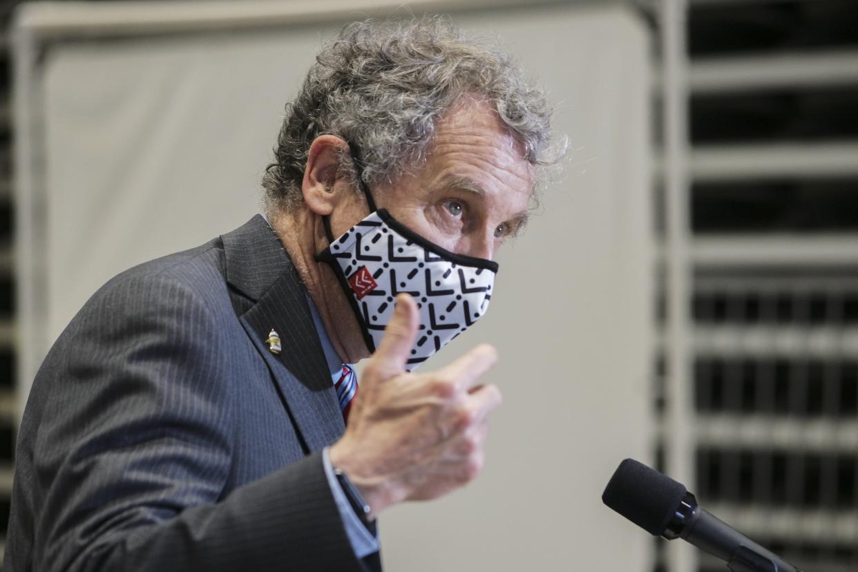 Sen. Sherrod Brown (D-OH) speaks to the media after touring a mass vaccination site on Tuesday, May 4, 2021 at the Celeste Center in Columbus, Ohio. Dr. Mysheika Roberts, director of Columbus Public Health, and Al Edmondson, owner of a Columbus barber shop, joined Sen. Brown on the tour to talk about the importance of vaccination. Vaccination rates across the country are dropping, and health officials are concerned herd immunity may not be possible in the United States.