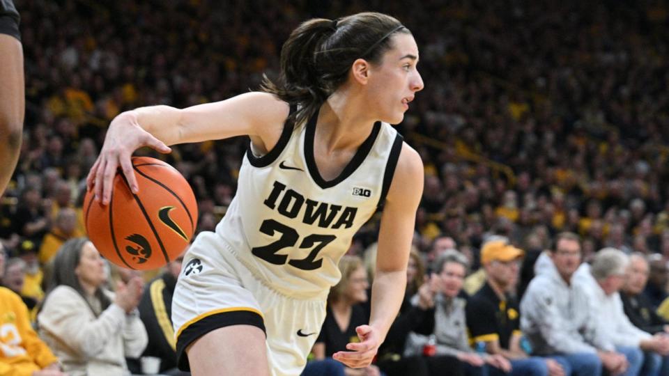 PHOTO: Iowa Hawkeyes guard Caitlin Clark controls the ball during the first quarter against the Ohio State Buckeyes in Iowa City, IA, Mar. 3, 2024. (Jeffrey Becker/USA TODAY Sports via Reuters Con)