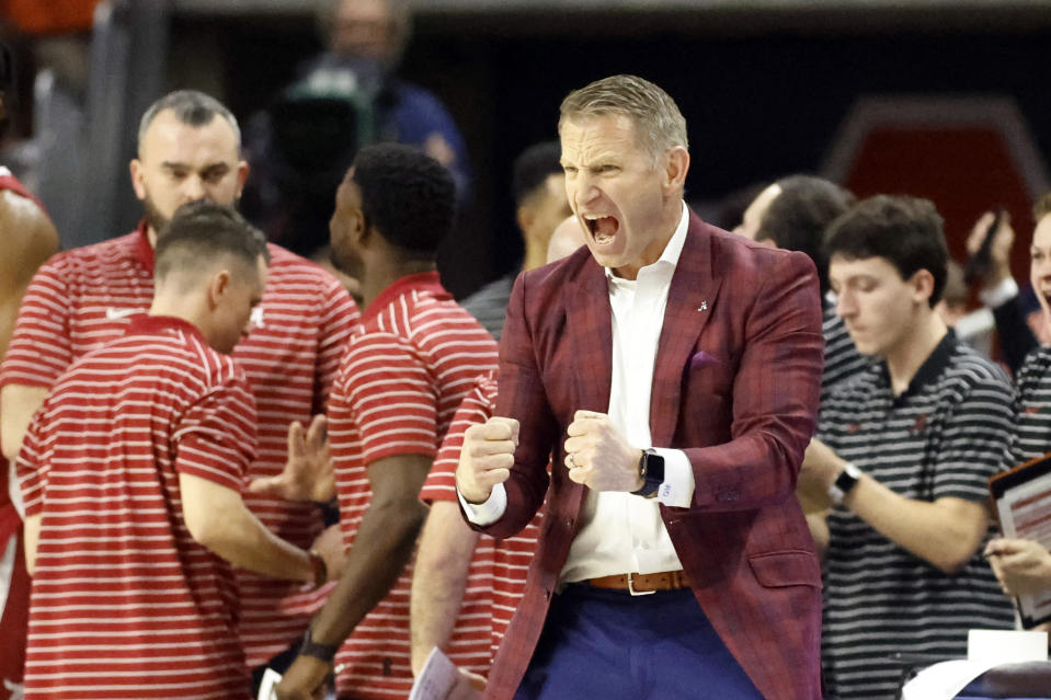 Alabama head coach Nate Oats reacts to a basket during the second half of an NCAA college basketball game against Auburn, Saturday, Feb. 11, 2023, in Auburn, Ala. (AP Photo/Butch Dill)