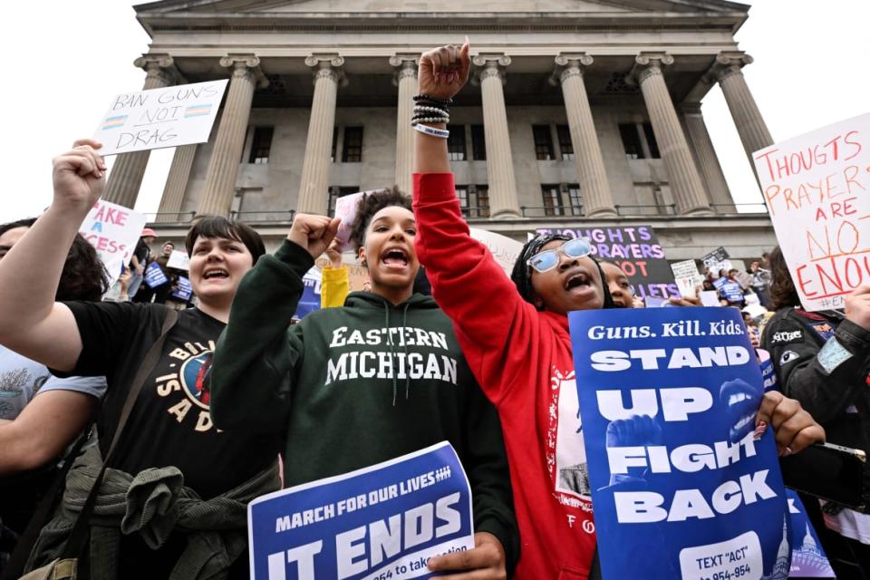 Anti-gun demonstrators protest at the Tennessee Capitol for stricter gun laws on April 3, 2023, in Nashville, Tennessee. Students were encouraged by an anti-gun violence group to walk out of classrooms at 10:13 a.m., the same time police say a transgender person entered The Covenant School beginning an attack in which three young children and three adults were killed on March 27 at a private Christian school in Nashville. (Photo by John Amis / AFP) (Photo by JOHN AMIS/AFP via Getty Images)