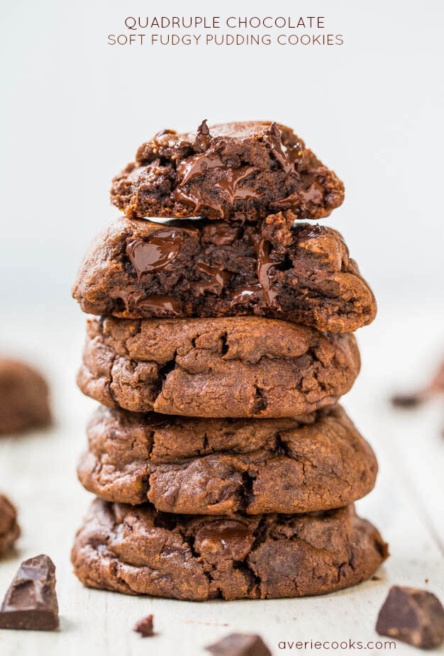 <strong><a href="https://www.averiecooks.com/quadruple-chocolate-soft-fudgy-pudding-cookies/" target="_blank" rel="noopener noreferrer">Get the Quadruple Chocolate Pudding Cookies recipe from Averie Cooks</a>  </strong>