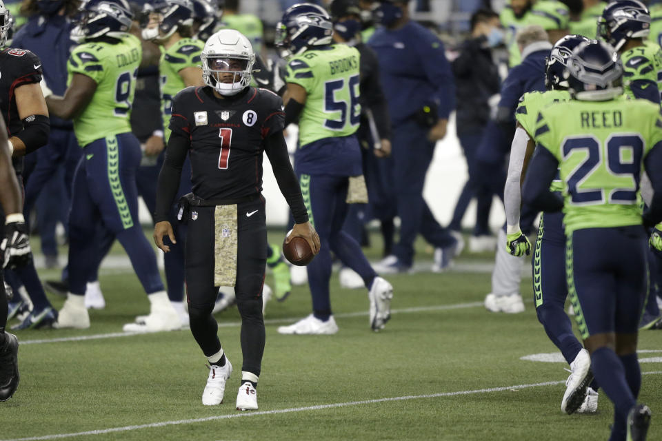 Arizona Cardinals quarterback Kyler Murray (1) walks on the field after being sacked late in the fourth quarter of an NFL football game against the Seattle Seahawks, Thursday, Nov. 19, 2020, in Seattle. The Seahawks won 28-21. (AP Photo/Lindsey Wasson)