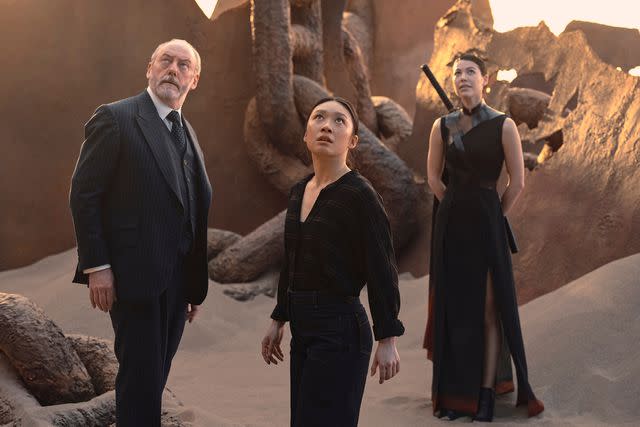 <p>Ed Miller/Netflix</p> Liam Cunningham, Jess Hong, and Sea Shimooka in '3 Body Problem'.