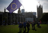 Protesters demonstrate outside Westminster as parliament sits on a Saturday for the first time since the 1982 Falklands War, to discuss Brexit in London