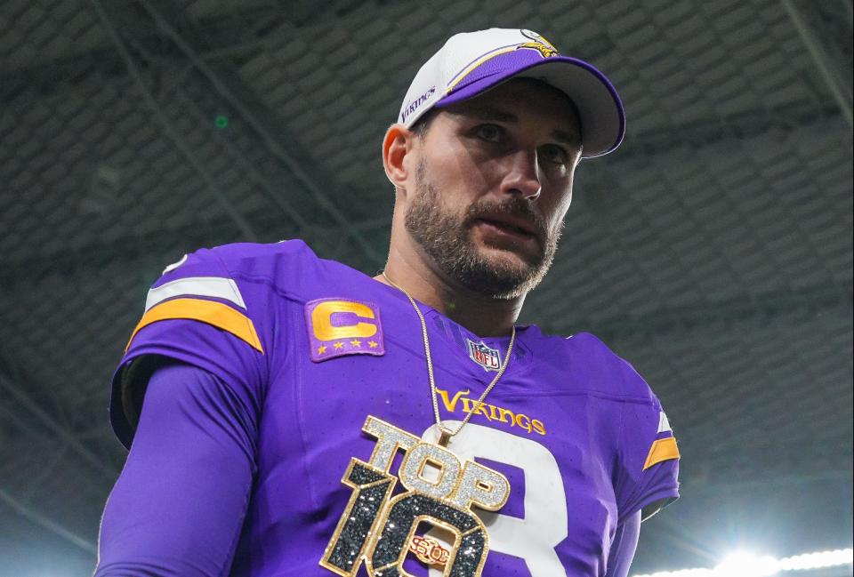 Oct 23, 2023; Minneapolis, Minnesota, USA; Minnesota Vikings quarterback Kirk Cousins (8) leaves the field after the game against the San Francisco 49ers at U.S. Bank Stadium. Mandatory Credit: Brad Rempel-USA TODAY Sports