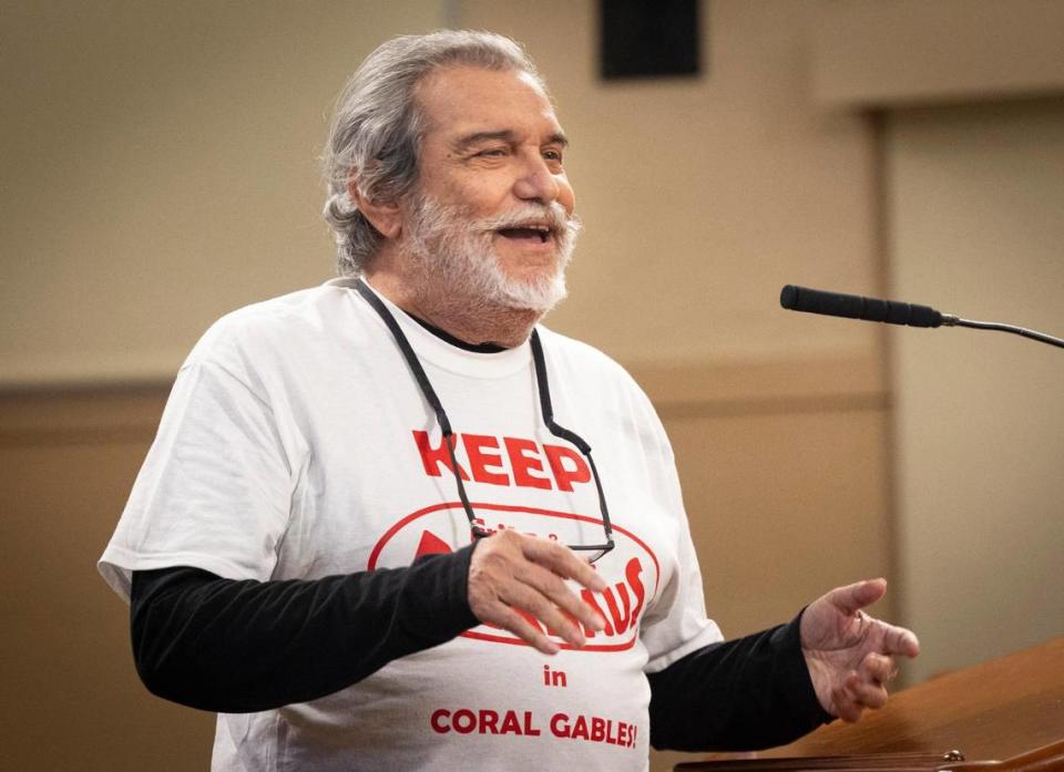 A man speaking in support of Fritz & Franz Bierhaus engages both the crowd and the commissioners with humor during a Coral Gables City Commission meeting on Tuesday, Jan. 23, 2024, at Coral Gables City Hall.