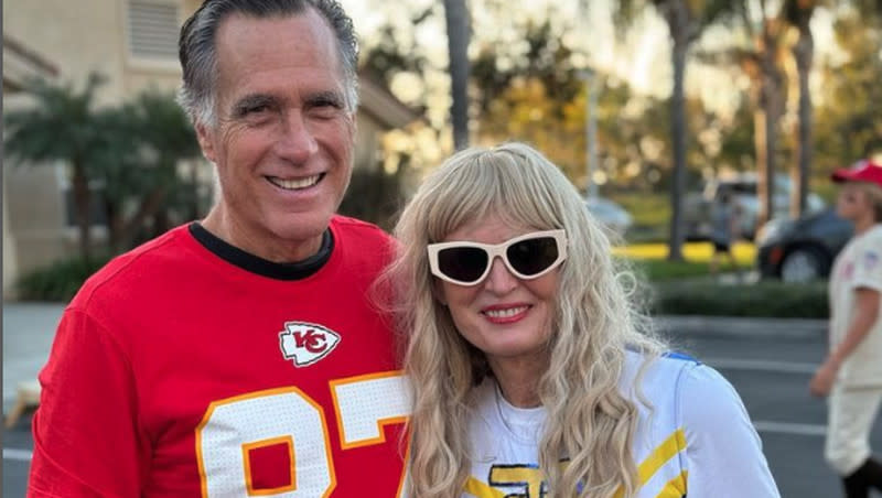 Sen. Mitt Romney and his wife Anne are pictured in their Halloween costumes as Kansas City Chiefs star Travis Kelce and entertainer Taylor Swift.