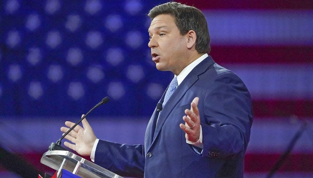 Florida Gov. Ron DeSantis speaks at the Conservative Political Action Conference in Orlando in March 2022. His new campaign ad uses letters from residents thanking him for keeping Florida free.