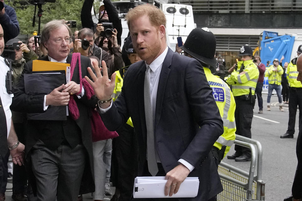 Prince Harry arrives at the High Court in London, Wednesday, June 7, 2023. Prince Harry has given evidence from the witness box and has sworn to tell the truth in testimony against a tabloid publisher he accuses of phone hacking and other unlawful snooping. He alleges that journalists at the Daily Mirror and its sister papers used unlawful techniques on an "industrial scale" to get scoops. Publisher Mirror Group Newspapers is contesting the claims. (AP Photo/Frank Augstein)