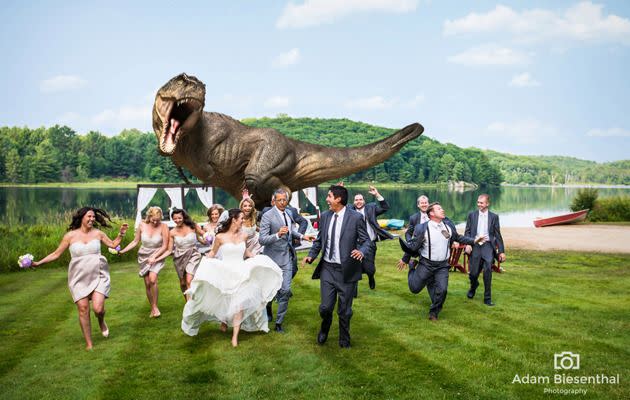 The epic 'Jurassic Park' wedding photo. Credit: Adam Biesenthal