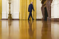 President Joe Biden leaves after speaking about Russia in the East Room of the White House, Thursday, April 15, 2021, in Washington. (AP Photo/Andrew Harnik)