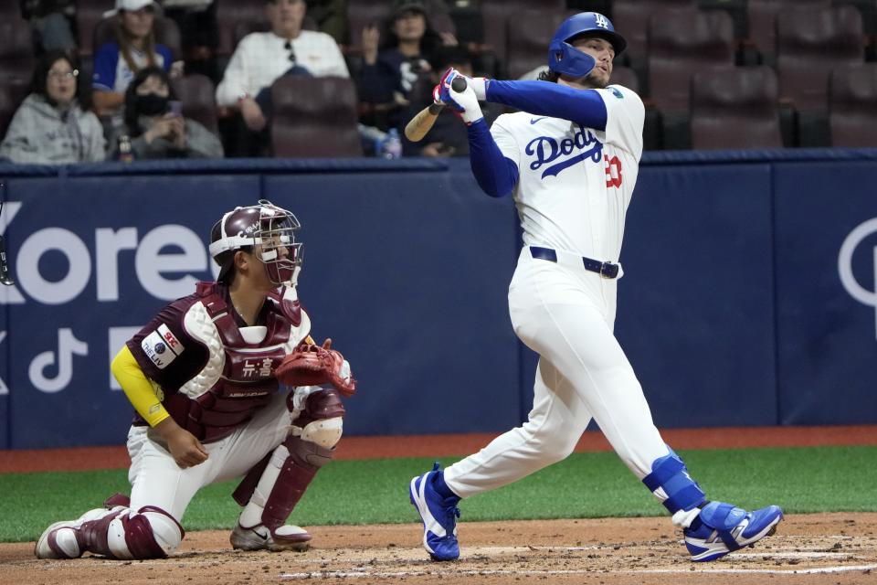 Los Angeles Dodgers' center fielder James Outman hits during the second inning of the exhibition game between the Los Angeles Dodgers and Kiwoom Heroes at the Gocheok Sky Dome in Seoul, South Korea, Sunday, March 17, 2024. The Los Angeles Dodgers and the San Diego Padres will meet in a two-game series on March 20th-21st in Seoul for the MLB World Tour Seoul Series. (AP Photo/Ahn Young-Joon)