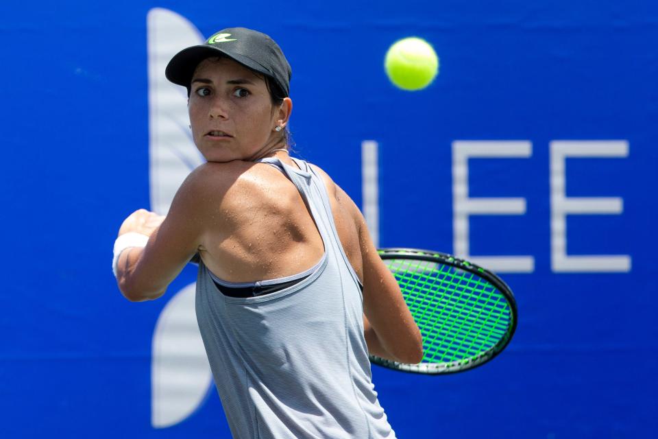 Gabriela Lee (ROU) returns the ball during the FineMark Women’s Pro Tennis Championship singles final between Gabriela Lee (ROU) and Katarzyna Kawa (POL), Sunday, May 8, 2022, at Bonita Bay Club in Bonita Springs, Fla.Lee defeated Kawa 6-1, 6-3.