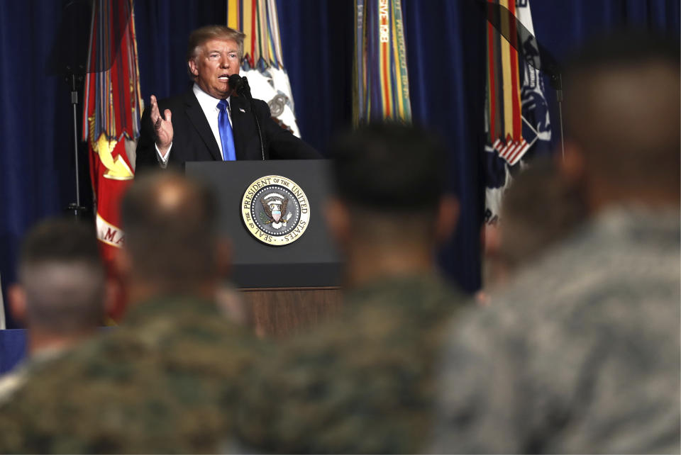 President Trump speaks at Fort Myer in Arlington Va., Monday, Aug. 21, 2017, outlining the strategy he believes will best position the U.S. to eventually declare victory in Afghanistan. (Photo: Carolyn Kaster/AP)