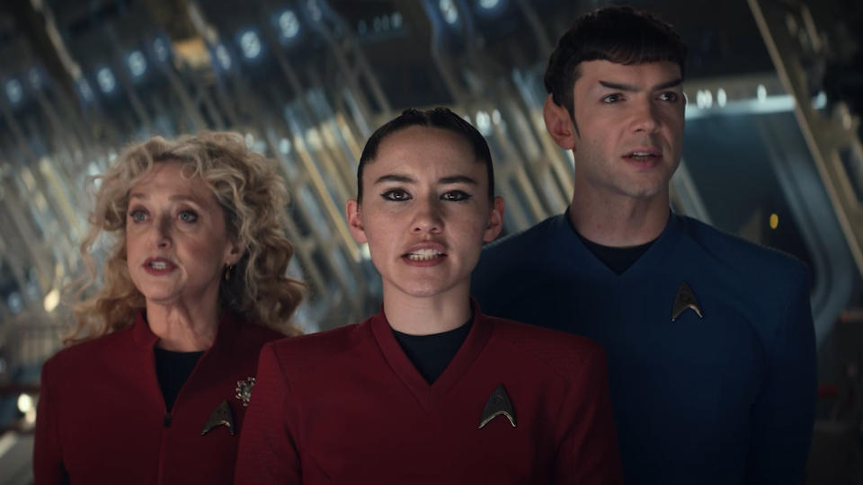 L-R Carol Kane as Pelia, Christina Chong as La’an, Ethan Peck as Spock in Star Trek: Strange New Worlds streaming on Paramount+, 2023. Photo Credit: Best Possible Screengrab/Paramount+