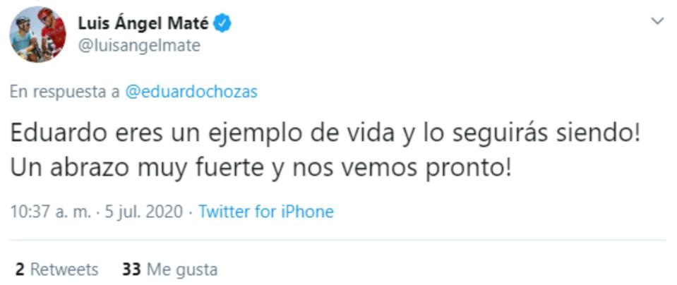 Otros corredores profesionales, como Luis Ángel Maté, se sumaban a los mensajes de ánimo a Chozas. (Foto: Twitter / <a href="http://twitter.com/luisangelmate/status/1279695765628227584" rel="nofollow noopener" target="_blank" data-ylk="slk:@luisangelmate;elm:context_link;itc:0;sec:content-canvas" class="link ">@luisangelmate</a>).