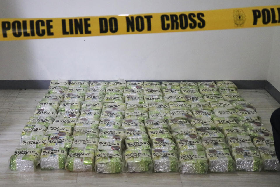 In this photo provided by the Police Regional Office Cordillera RPIO, tea bags containing suspected methamphetamine lay during a raid at a house in Baguio city, northern Philippines on Wednesday March 29, 2023. Philippine police seized more than 500 kilograms (more than half a ton) of suspected methamphetamine concealed in tea bags Wednesday and arrested a suspected Chinese drug dealer in a northern mountain resort city, police officials said. (Police Regional Office Cordillera RPIO via AP)