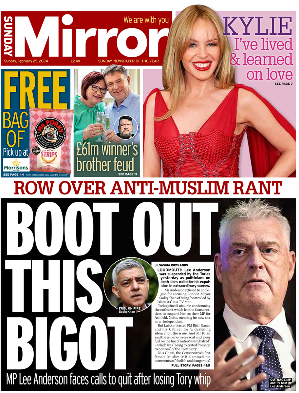 The front page of the Sunday Mirror