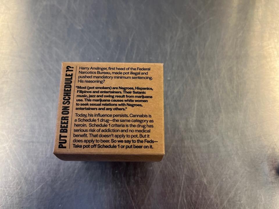 B3's packaging includes an explanation of how marijuana ended up on Schedule 1, reserved for drugs that have no medical benefits and are highly addictive. As seen on April 13, 2023, at Grassroots Vermont in Brandon.