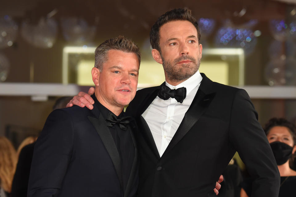 Matt Damon and Ben Affleck attend pose at a "The Last Duel" screening during the Venice International Film Festival on September 10, 2021