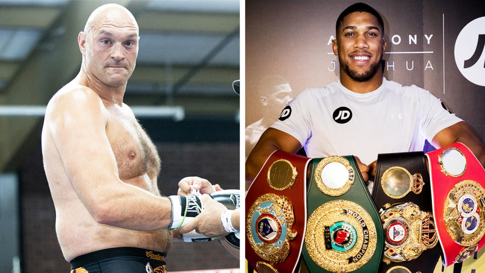 Tyson Fury (pictured left) putting on some gloves and Anthony Joshua (pictured right) holding his belts.