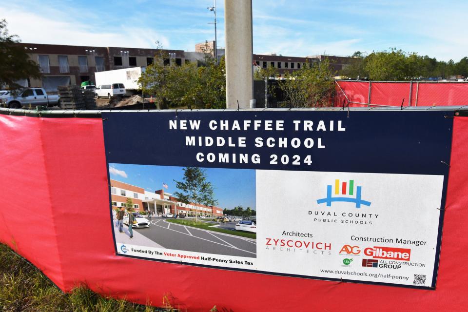 Signage on the construction fence around the site of what will become the new Chaffee Trail Middle School shows what the school should look like when it opens in the summer on Jacksonville's Westside.