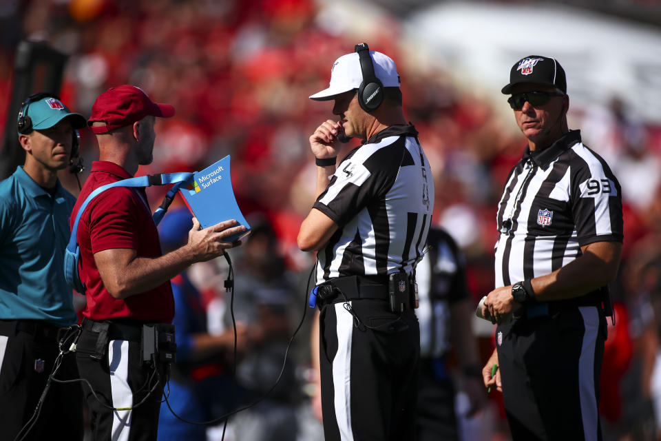 Officials reviewed this play in Cardinals-Buccaneers, but not the final one. (Photo by Will Vragovic/Getty Images)