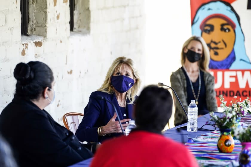 DELANO, CA - MARCH 31: First Lady Dr. Jill Biden participates in a Day of Action round table at The Forty Acres with the Cesar Chavez Foundation, United Farm Workers, and the UFW Foundation on Wednesday, March 31, 2021 in Delano, CA. (Kent Nishimura / Los Angeles Times)