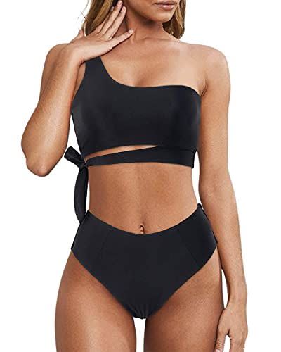 18) One Shoulder High-Waisted Bikini