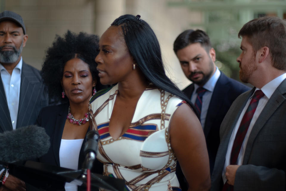 Crystal Mason stands outside the Tim Curry Criminal Justice Center in Fort Worth, Texas, after an appeals hearing in September. (Photo: Izzy Best / HuffPost)