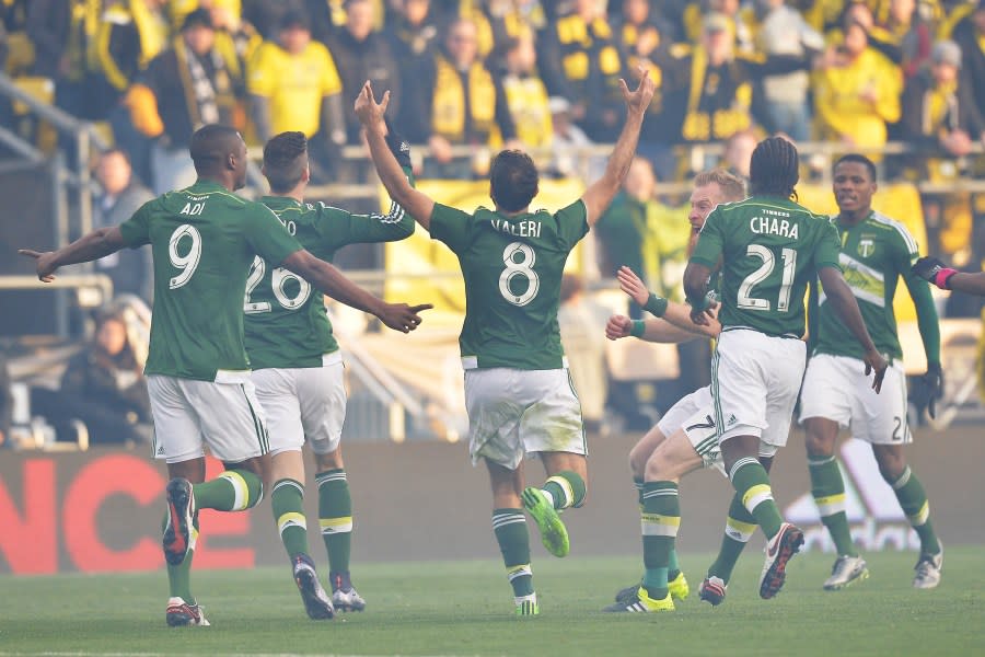 COLUMBUS, OH – DECEMBER 6: Diego Valeri #8 of the Portland Timbers celebrates after scoring within the first minute of the first half against the Columbus Crew SC on December 6, 2015 at MAPFRE Stadium in Columbus, Ohio. Portland defeated Columbus Crew SC 2-1 to claim the MLS Cup title. (Photo by Jamie Sabau/Getty Images)