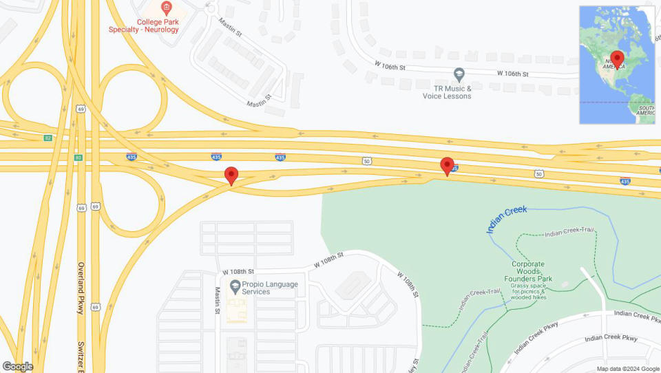 A detailed map that shows the affected road due to 'Broken down vehicle on U.S. 50 in Overland Park' on July 22nd at 9:03 p.m.