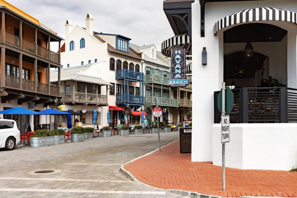 town center of rosemary beach, an upscale neighborhood along 30a, with lots of shops, restaurants and lodging