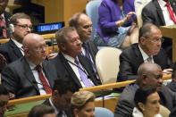 <p>Russian Foreign Minister Sergey Lavrov, right, and Russia Ambassador to the United Nations Vassily Nebenzia, right, listen as President Trump speaks during the 72nd session of the United Nations General Assembly at U.N. headquarters, Tuesday, Sept. 19, 2017. (Photo: Mary Altaffer/AP) </p>