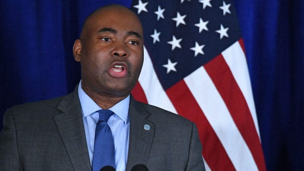 Democratic National Committee Chairman, Jaime Harrison speaks on voting rights at the Louis Stokes Library of Howard University in Washington, DC on July 8, 2021. (Photo by MANDEL NGAN / AFP) (Photo by MANDEL NGAN/AFP via Getty Images)